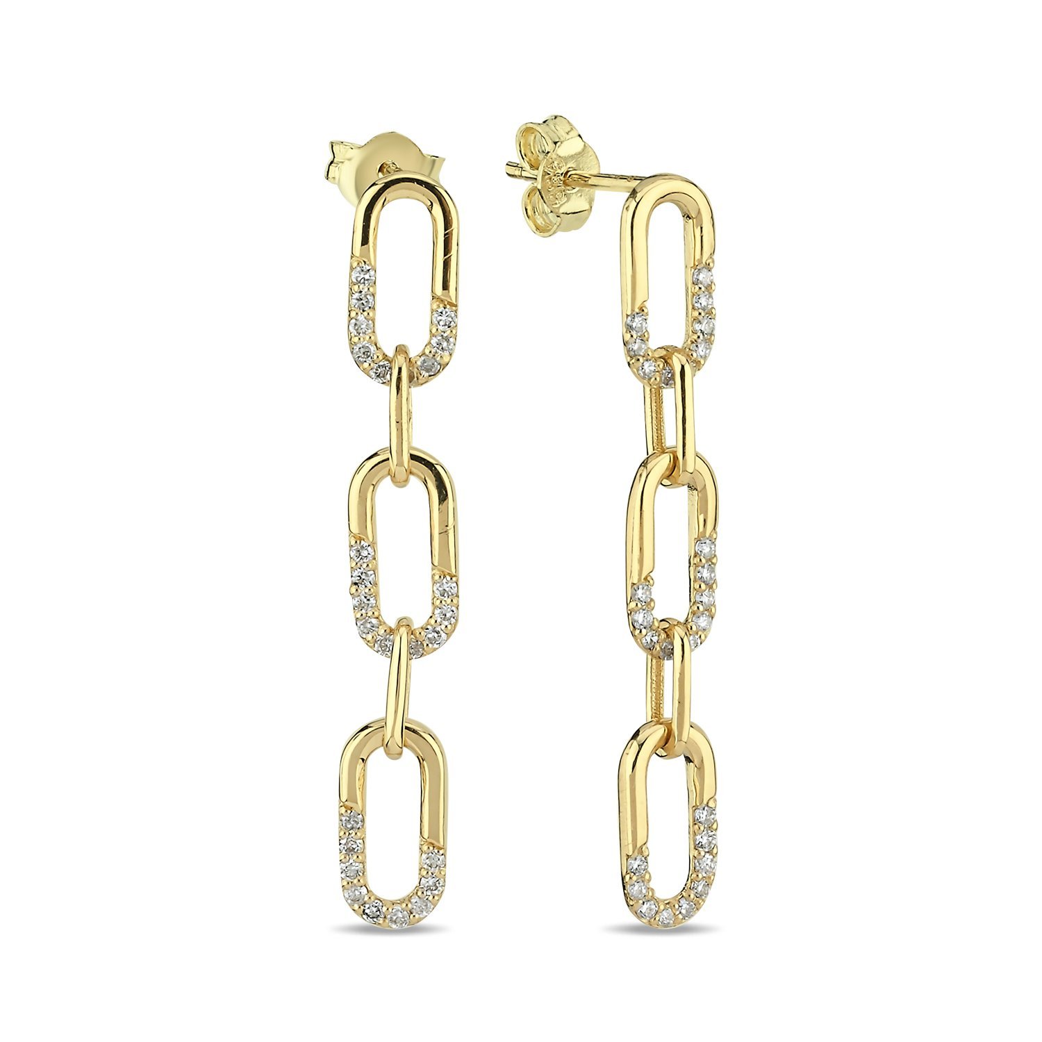 14K CHAIN SHAPE HALF PART DIAMOND STONES STUD EARRINGS