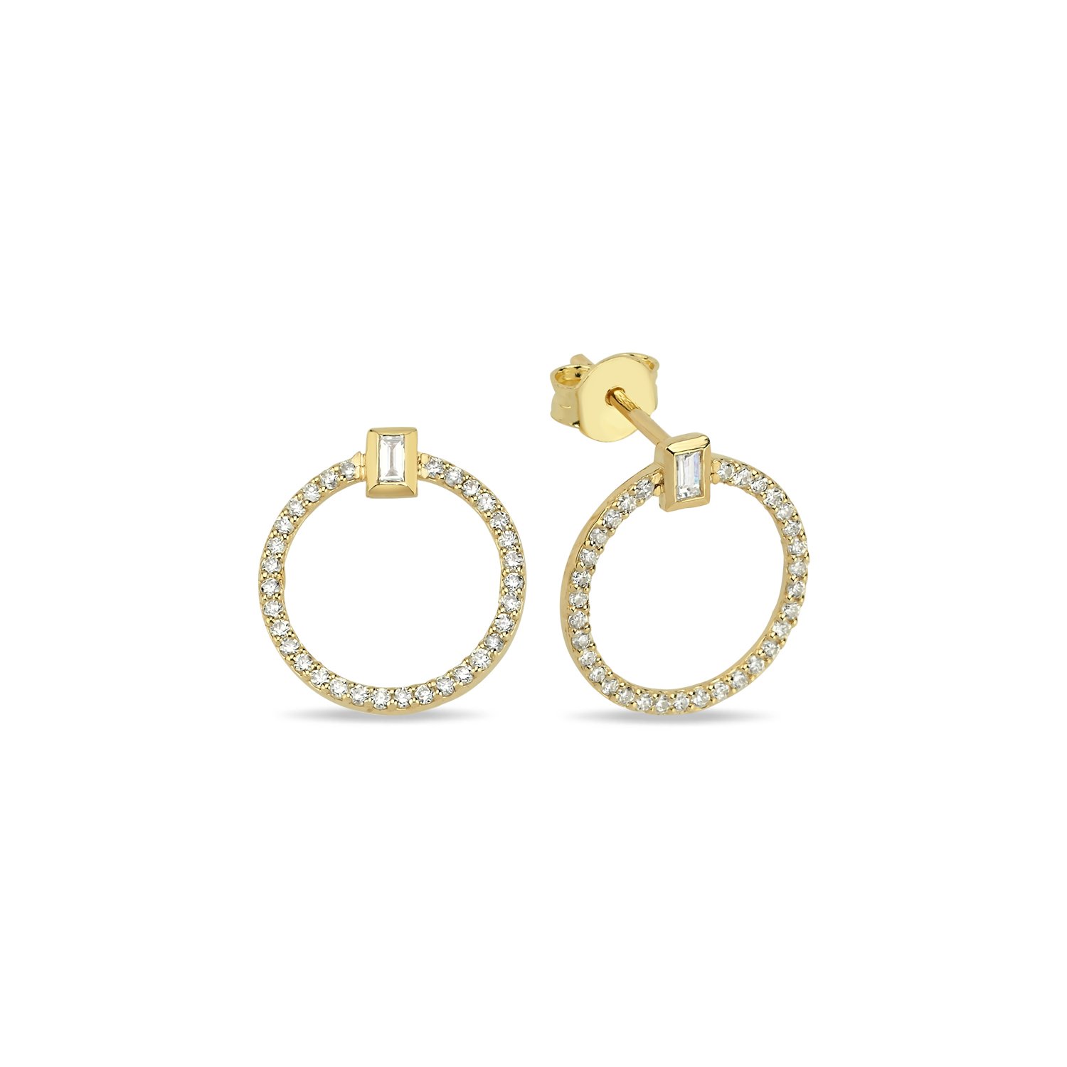 14K DIAMOND CIRCLE BAGUETTE STUD EARRINGS 14K YELLOW GOLD