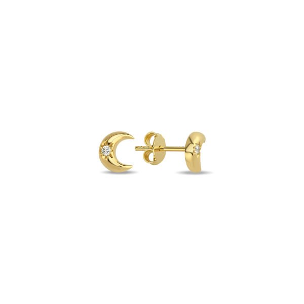 14K MINI DIAMOND MOON STUD EARRINGS 14K YELLOW GOLD