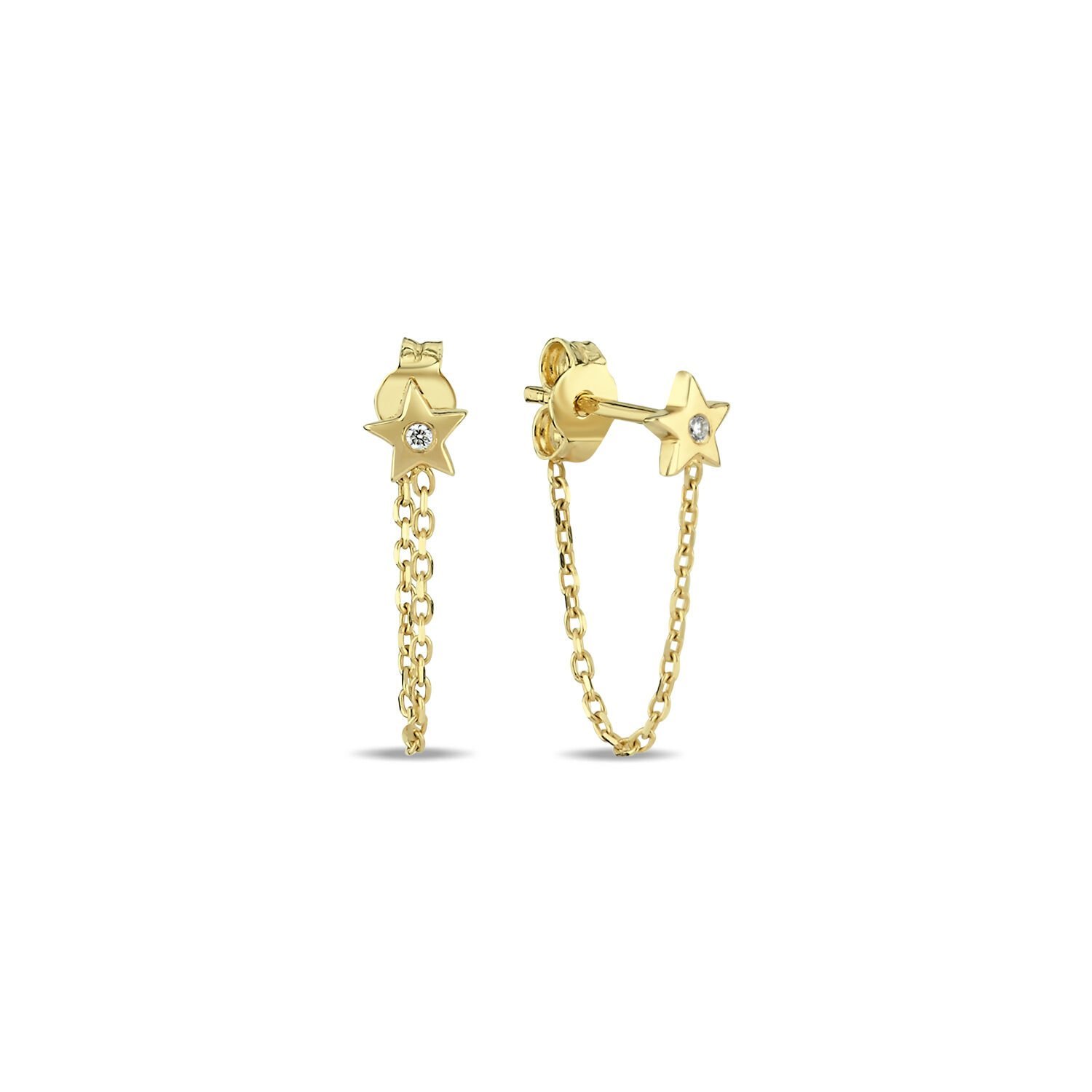 14K MINI STONE CHAIN DIAMOND STONE STUD EARRINGS