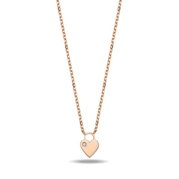 14K MINI HEART SHAPE LOCK DIAMOND STONE NECKLACE