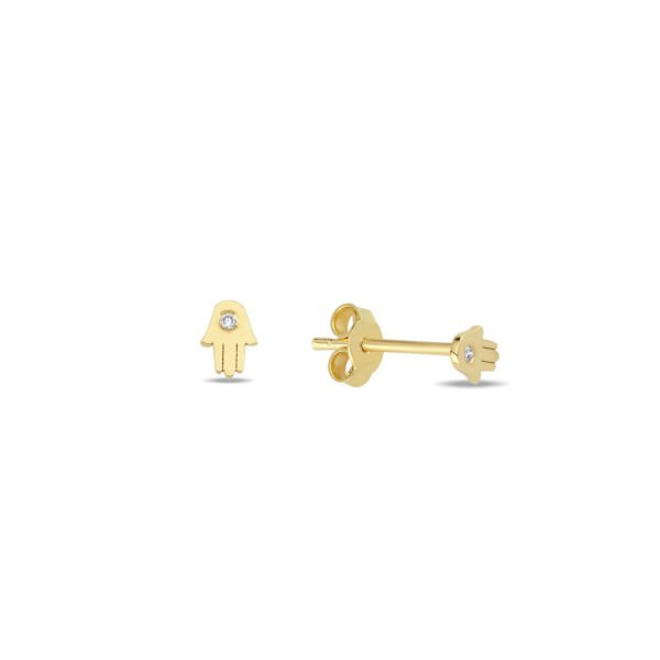 14K DIAMOND MINI HAMSA HAND STUD EARRINGS 14K YELLOW GOLD