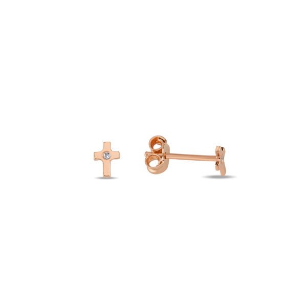 14K DIAMOND MINI CROSS STUD EARRINGS 14K ROSE GOLD