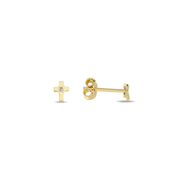 14K DIAMOND MINI CROSS STUD EARRINGS 14K YELLOW GOLD