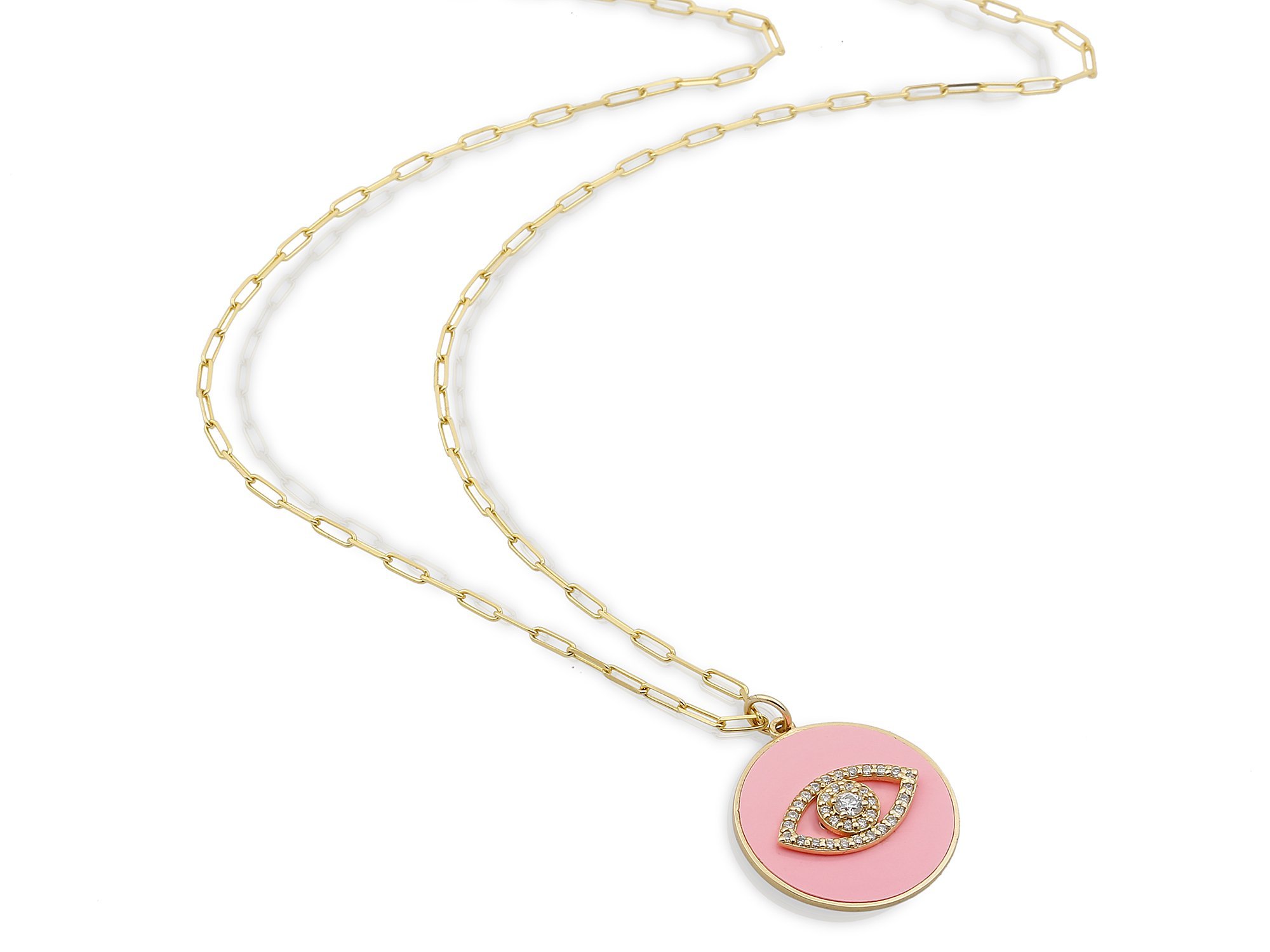 14K ENAMEL CIRCLE INSIDE EVIL EYE DIAMOND NECKLACE