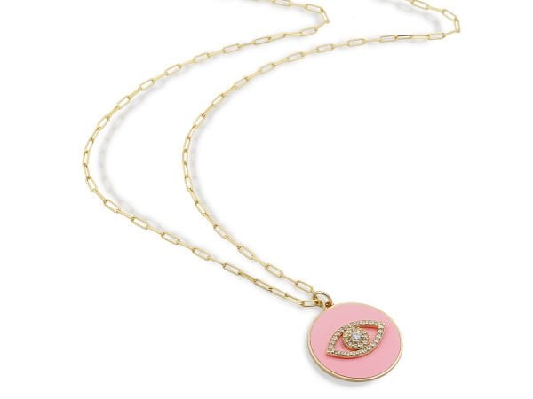 14K ENAMEL CIRCLE INSIDE EVIL EYE DIAMOND NECKLACE