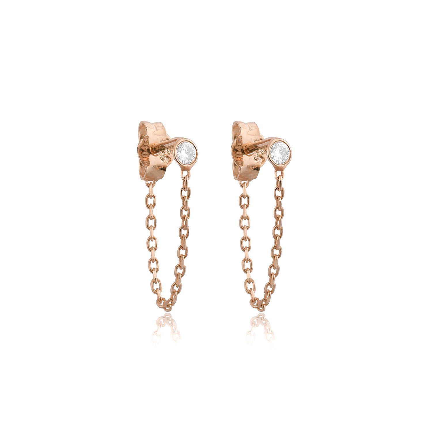 14K DIAMOND STONE CHAIN STUD EARRINGS 14K ROSE GOLD