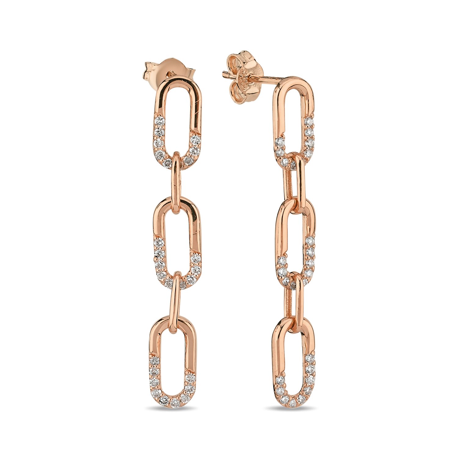 14K CHAIN SHAPE HALF PART DIAMOND STONES STUD EARRINGS 14K ROSE GOLD