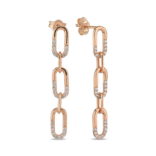 14K CHAIN SHAPE HALF PART DIAMOND STONES STUD EARRINGS 14K ROSE GOLD