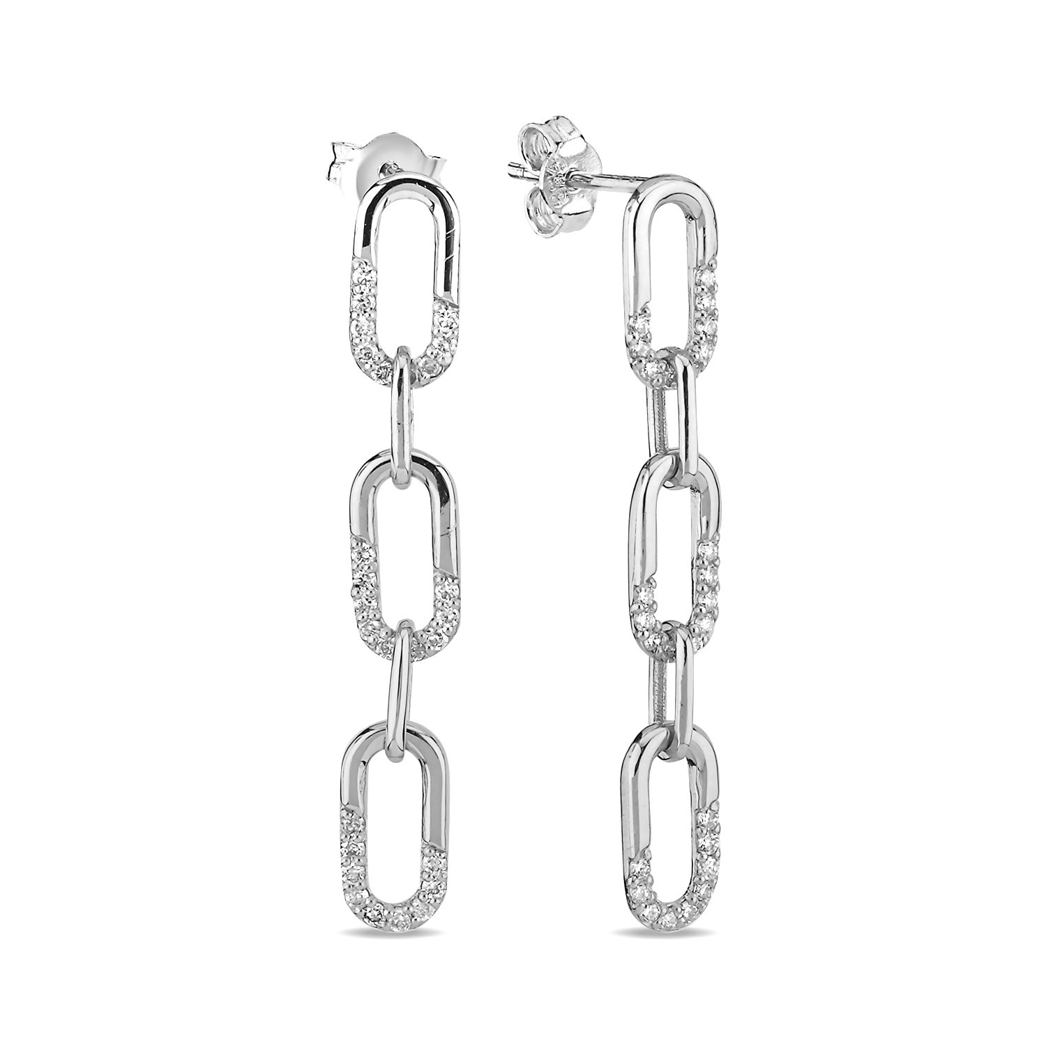14K CHAIN SHAPE HALF PART DIAMOND STONES STUD EARRINGS 14K WHITE GOLD
