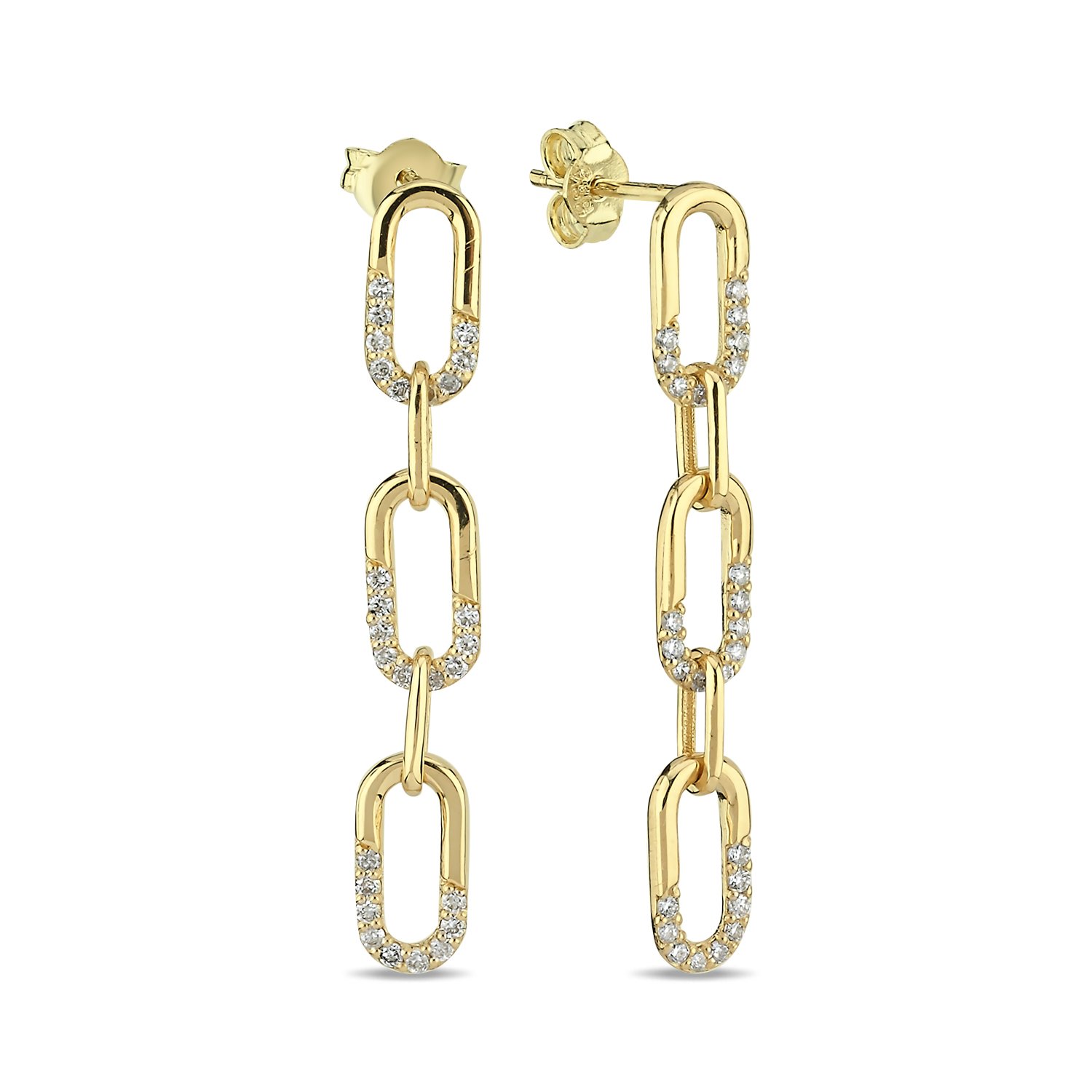 14K CHAIN SHAPE HALF PART DIAMOND STONES STUD EARRINGS 14K YELLOW GOLD