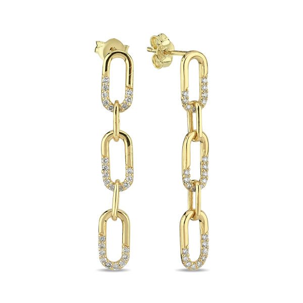 14K CHAIN SHAPE HALF PART DIAMOND STONES STUD EARRINGS 14K YELLOW GOLD