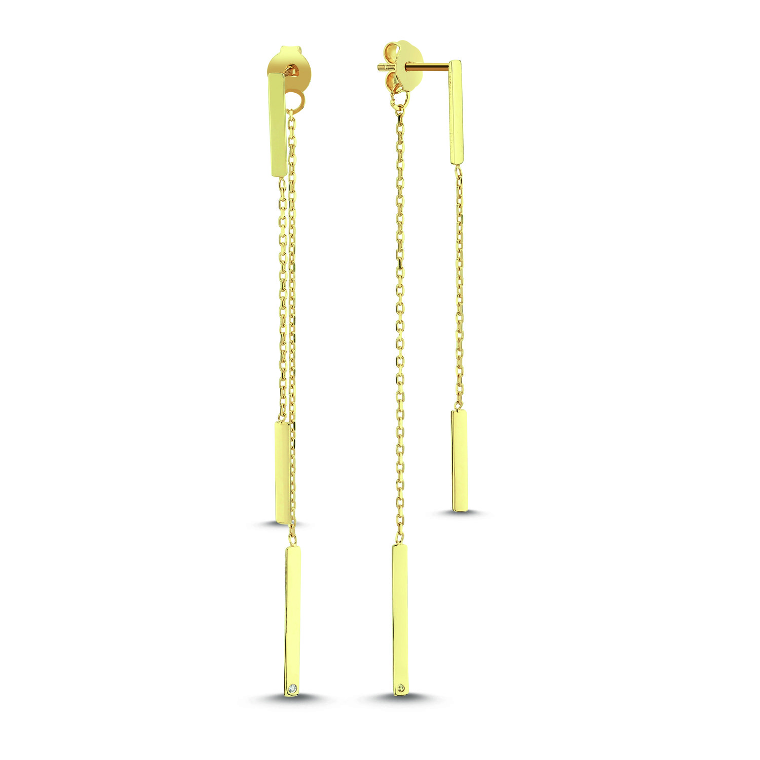 14K BAR CHAIN DIAMOND STONE STUD DAINTY EARRINGS 14K YELLOW GOLD