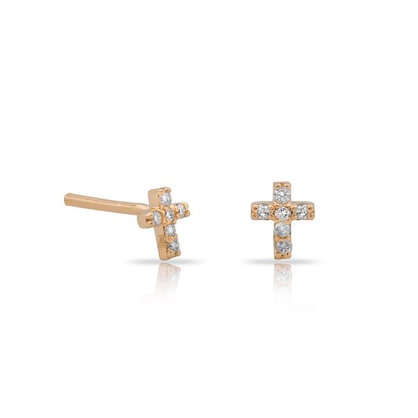 14K MINI CROSS DIAMOND STONES STUD EARRINGS 14K ROSE GOLD