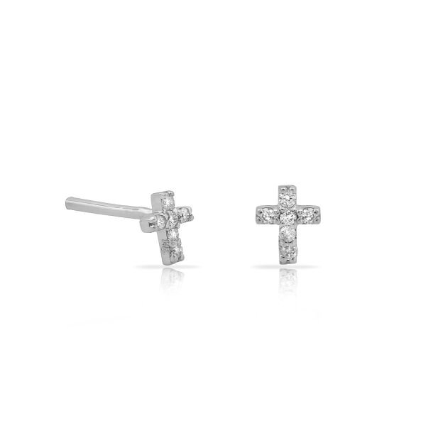 14K MINI CROSS DIAMOND STONES STUD EARRINGS 14K WHITE GOLD