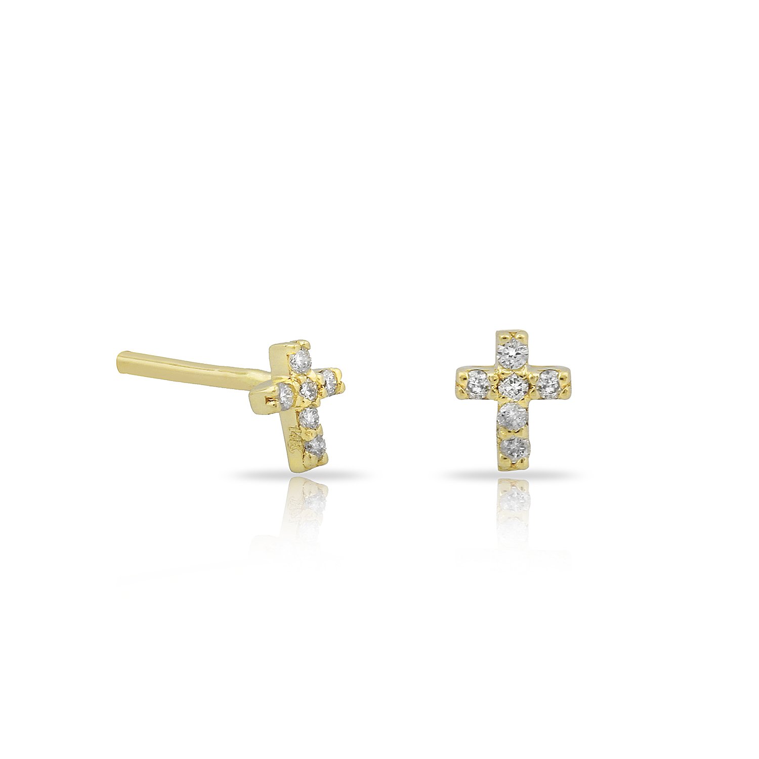 14K MINI CROSS DIAMOND STONES STUD EARRINGS 14K YELLOW GOLD