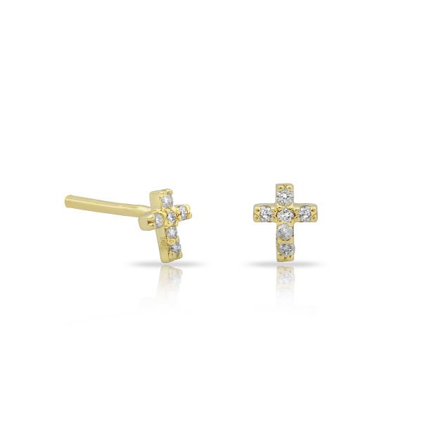 14K MINI CROSS DIAMOND STONES STUD EARRINGS 14K YELLOW GOLD