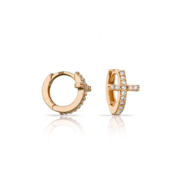 14K CROSS DIAMOND STONES HUGGIE EARRINGS 14K ROSE GOLD