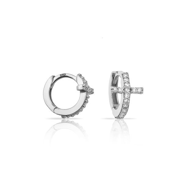 14K CROSS DIAMOND STONES HUGGIE EARRINGS 14K WHITE GOLD