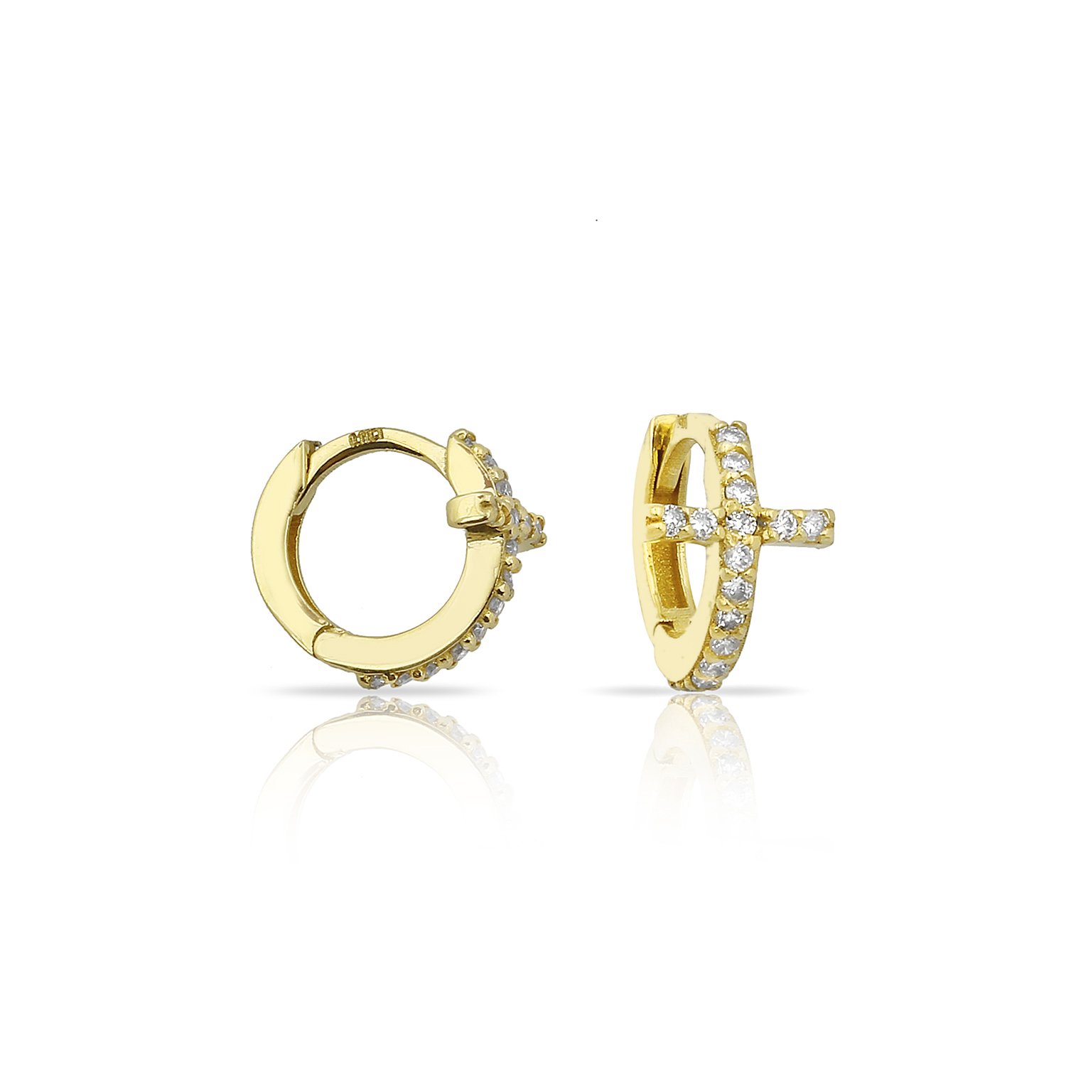 14K CROSS DIAMOND STONES HUGGIE EARRINGS 14K YELLOW GOLD