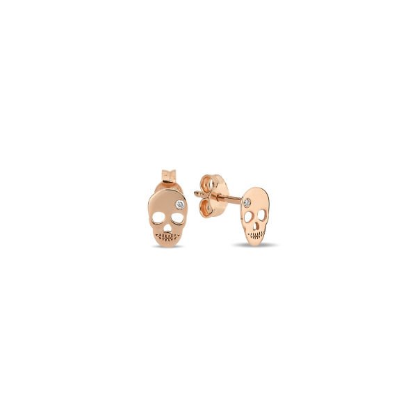 14K MINI SKULL DIAMOND STONE STUD EARRINGS 14K ROSE GOLD