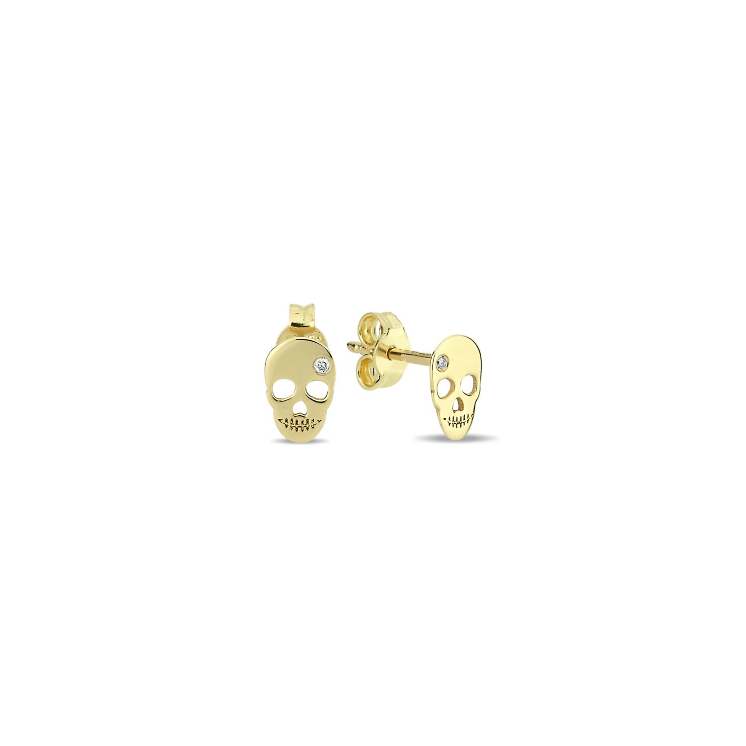 14K MINI SKULL DIAMOND STONE STUD EARRINGS 14K YELLOW GOLD