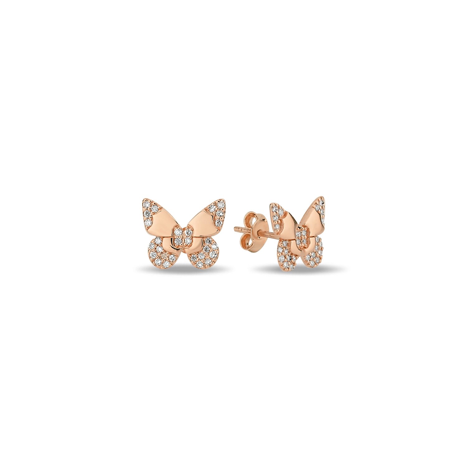 14K BUTTERFLY DIAMOND STONES STUD EARRINGS 14K ROSE GOLD