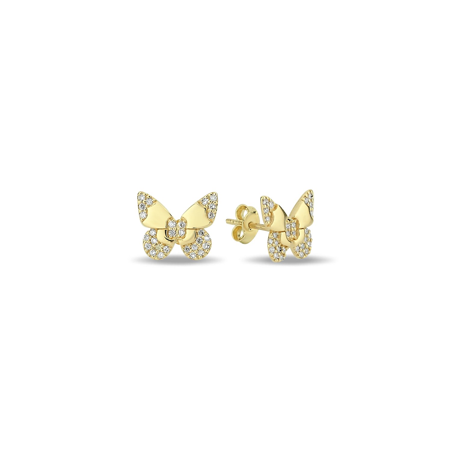 14K BUTTERFLY DIAMOND STONES STUD EARRINGS 14K YELLOW GOLD