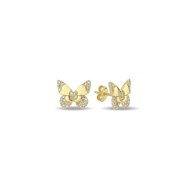 14K BUTTERFLY DIAMOND STONES STUD EARRINGS 14K YELLOW GOLD