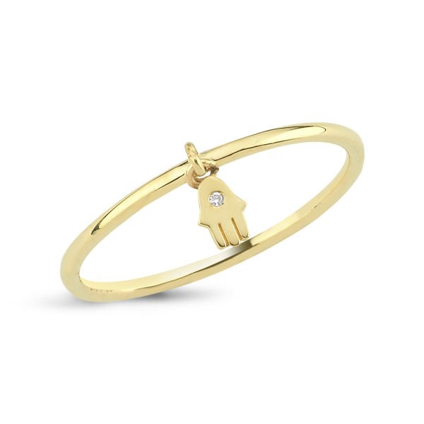 14K HAMSA HAND WITH DIAMOND DOT RING