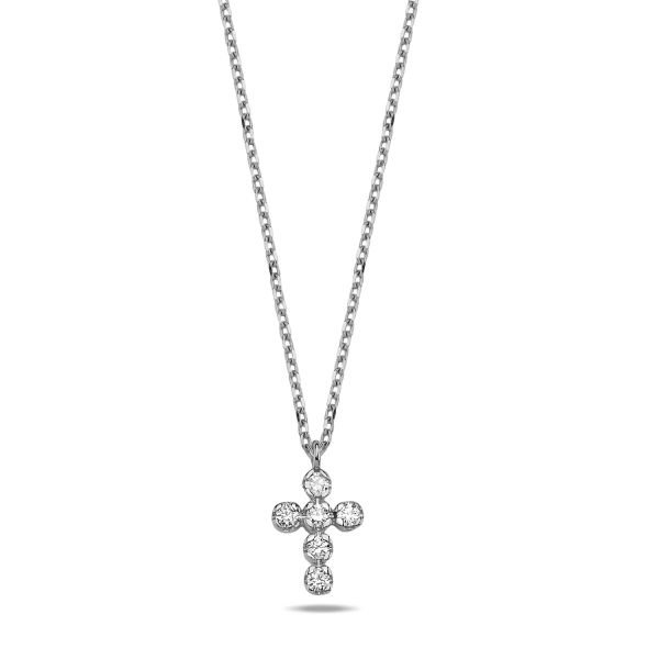14K CROSS DIAMOND STONES NECKLACE 14K WHITE GOLD