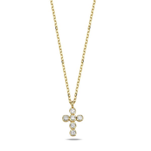 14K CROSS DIAMOND STONES NECKLACE 14K YELLOW GOLD