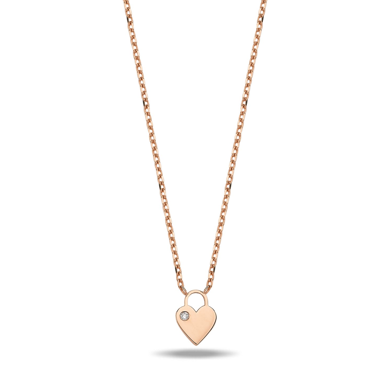 14K MINI HEART SHAPE LOCK DIAMOND STONE NECKLACE 14K ROSE GOLD