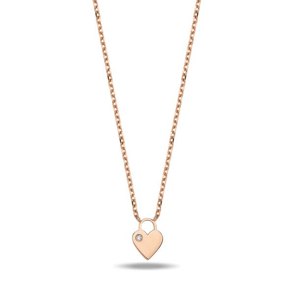 14K MINI HEART SHAPE LOCK DIAMOND STONE NECKLACE 14K ROSE GOLD