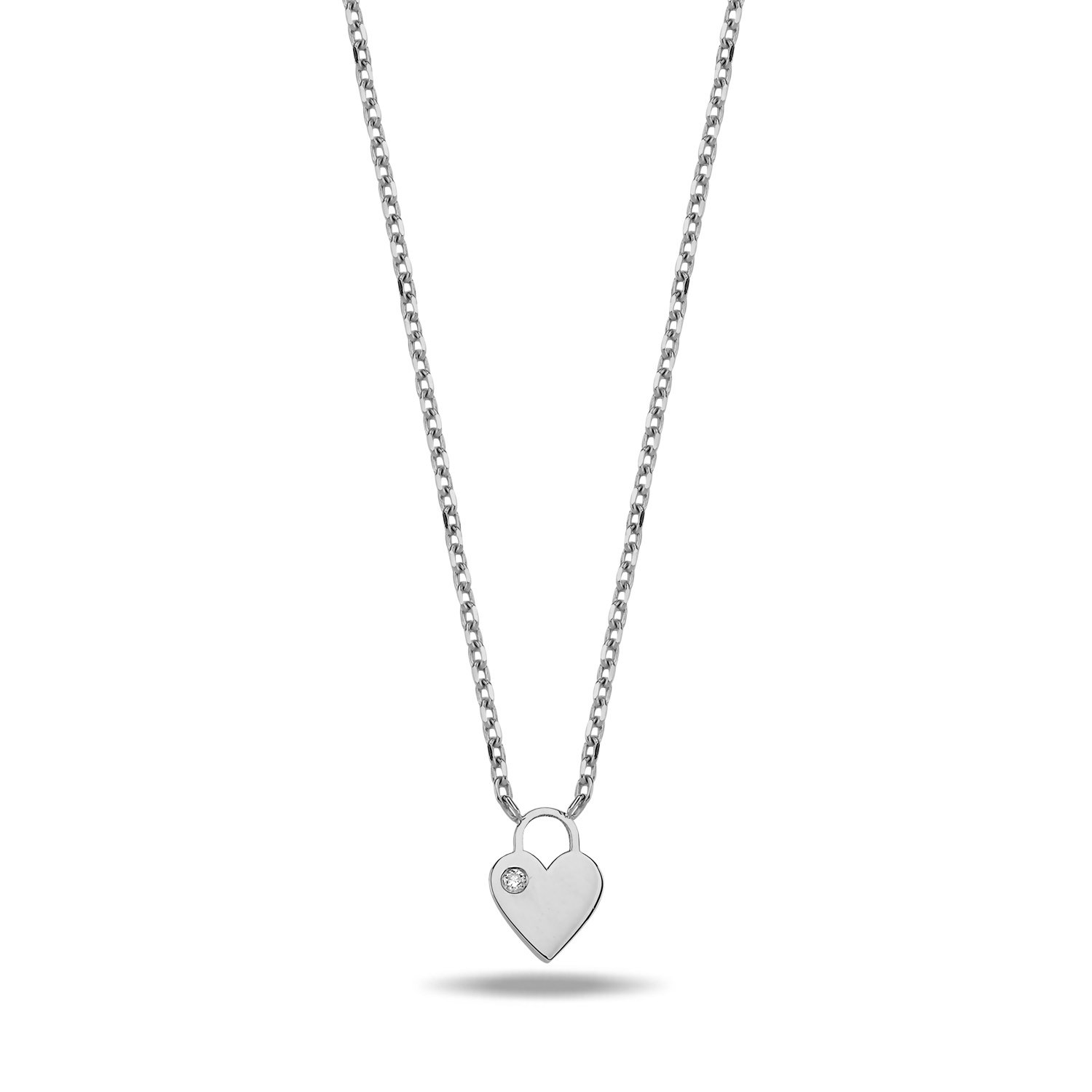 14K MINI HEART SHAPE LOCK DIAMOND STONE NECKLACE 14K WHITE GOLD