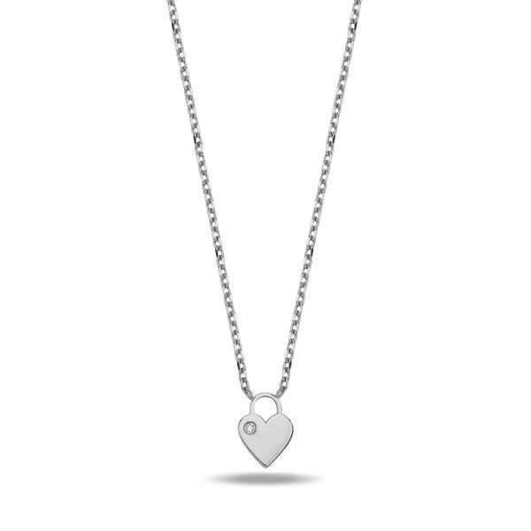 14K MINI HEART SHAPE LOCK DIAMOND STONE NECKLACE 14K WHITE GOLD