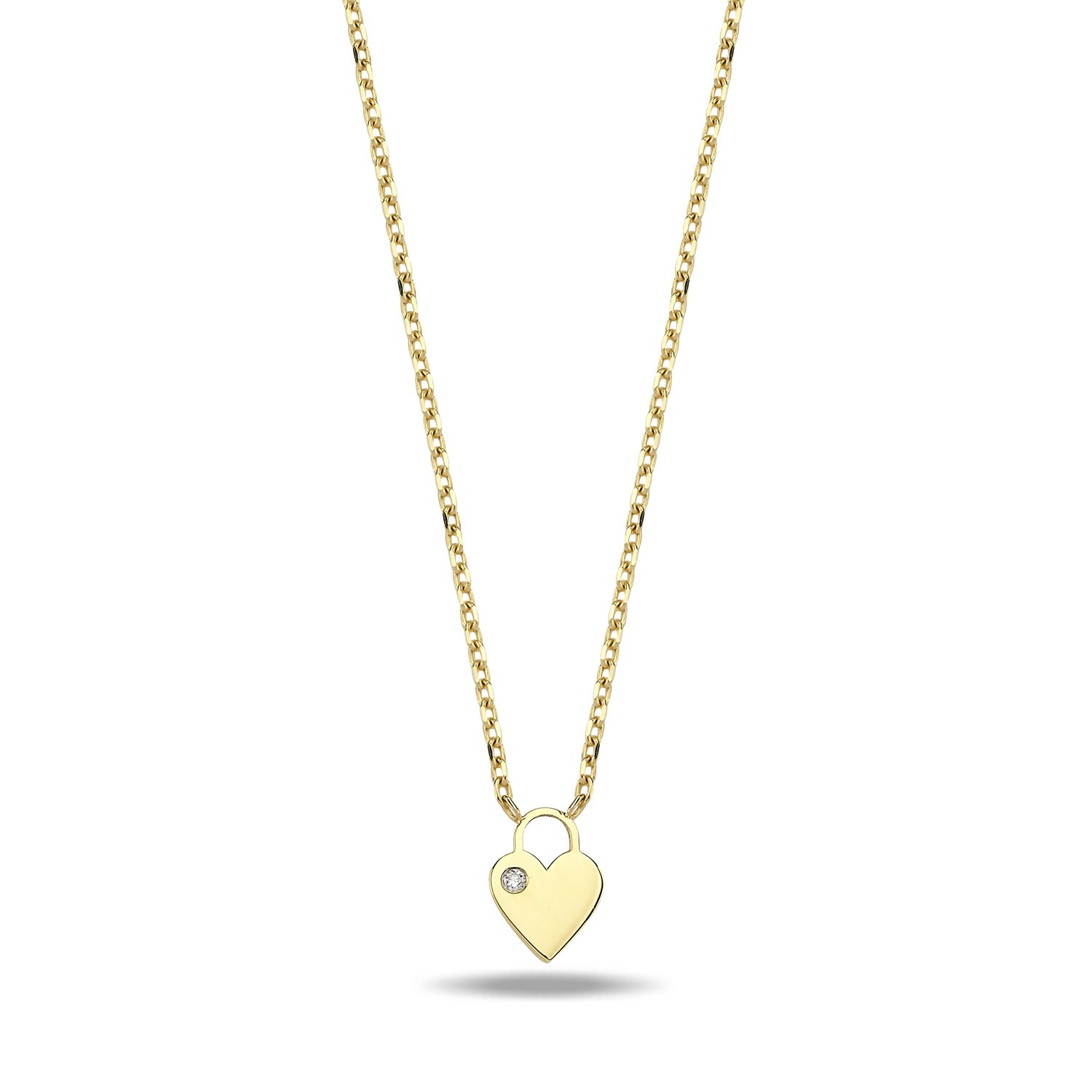 14K MINI HEART SHAPE LOCK DIAMOND STONE NECKLACE 14K YELLOW GOLD