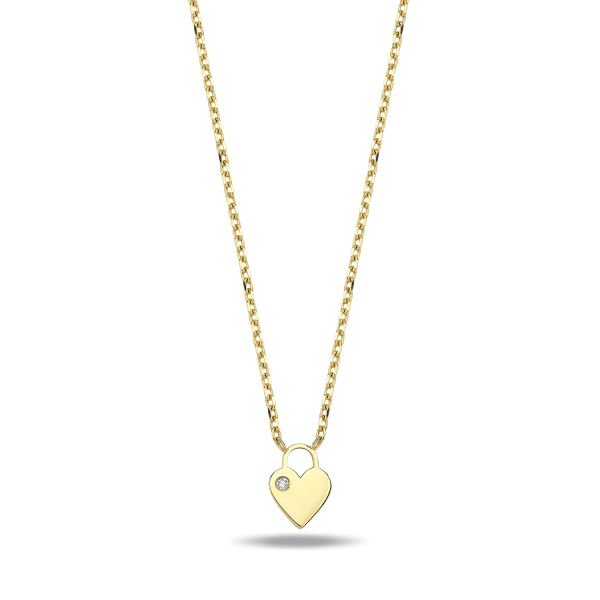 14K MINI HEART SHAPE LOCK DIAMOND STONE NECKLACE 14K YELLOW GOLD