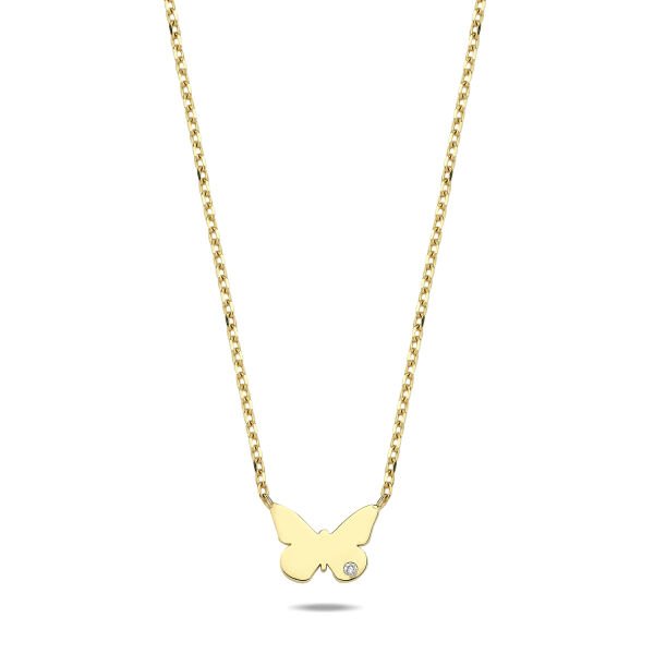 14K BUTTERFLY DIAMOND STONE NECKLACE 14K YELLOW GOLD
