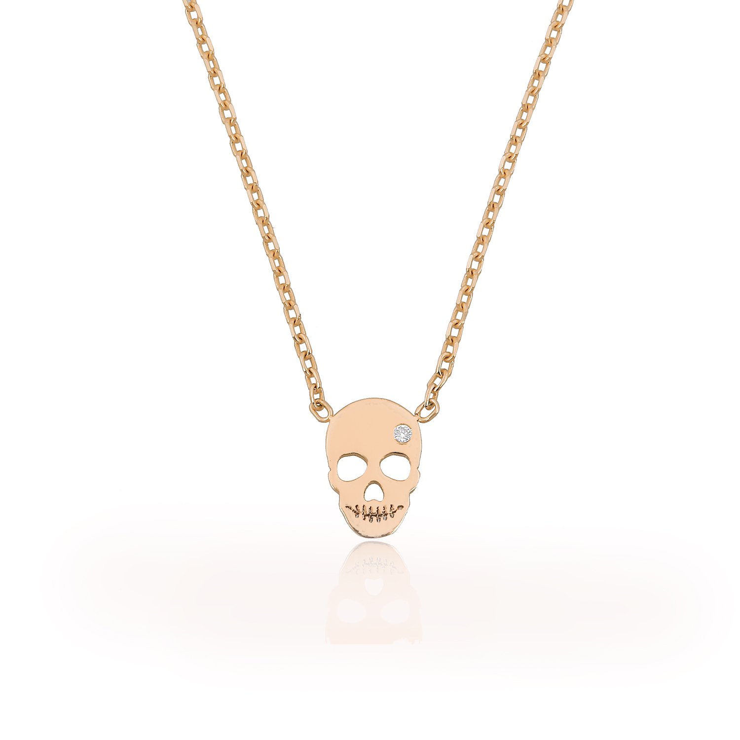 14K MINI SKULL DIAMOND STONE NECKLACE 14K ROSE GOLD