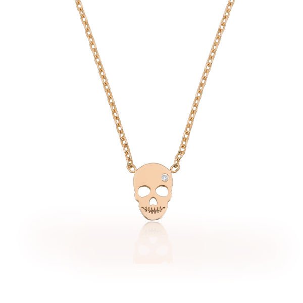 14K MINI SKULL DIAMOND STONE NECKLACE 14K ROSE GOLD