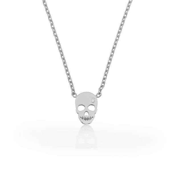 14K MINI SKULL DIAMOND STONE NECKLACE 14K WHITE GOLD