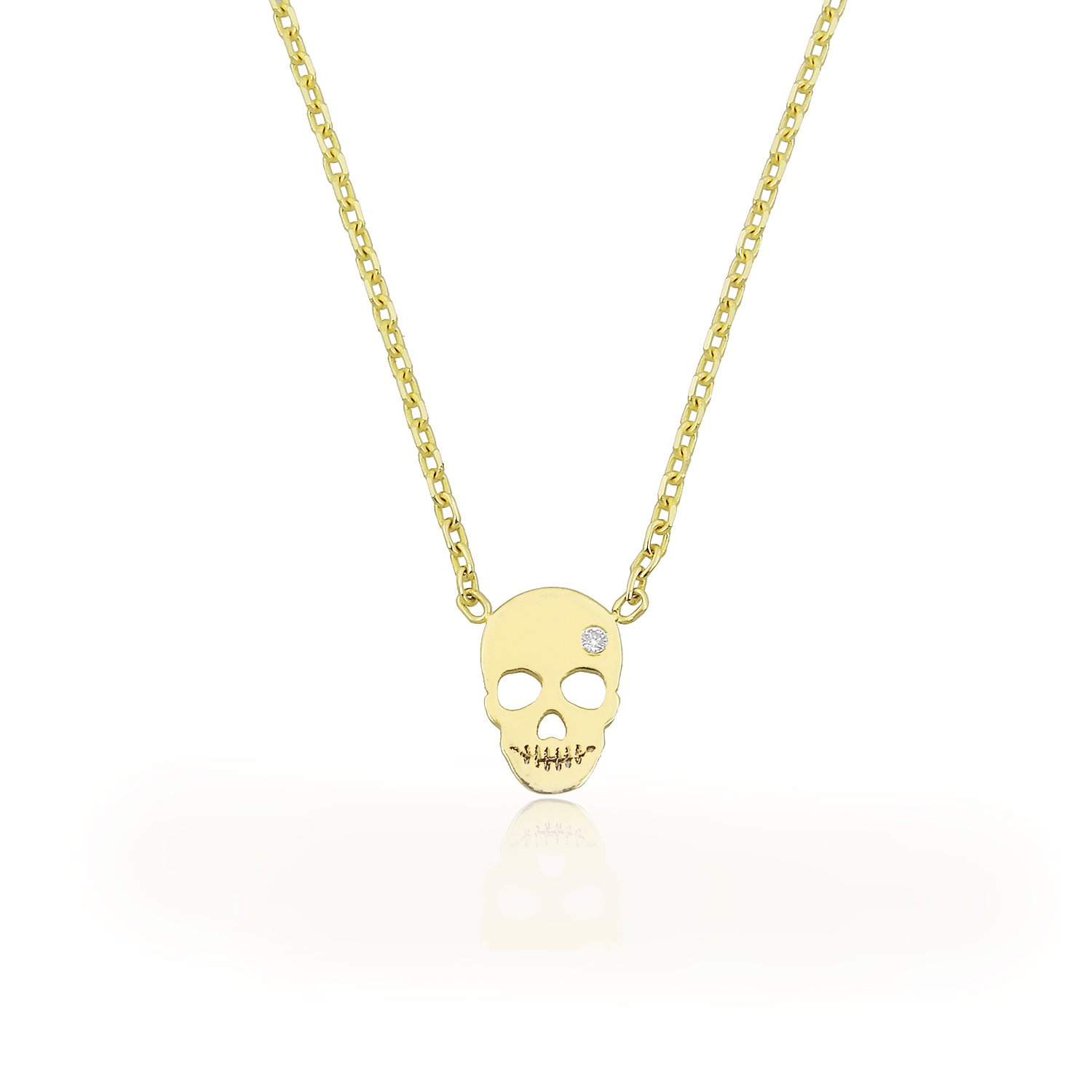 14K MINI SKULL DIAMOND STONE NECKLACE 14K YELLOW GOLD