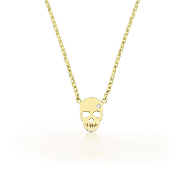 14K MINI SKULL DIAMOND STONE NECKLACE 14K YELLOW GOLD
