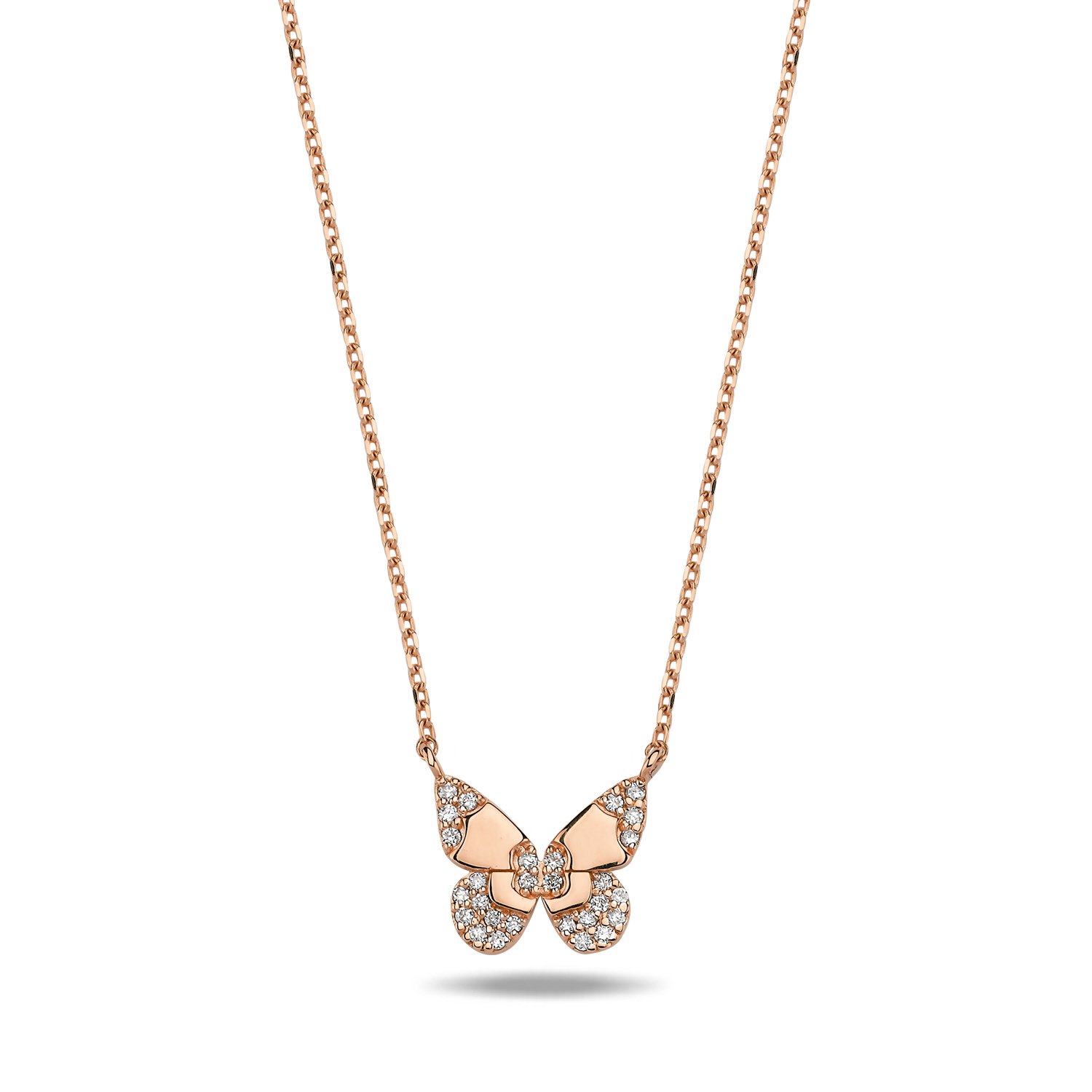 14K BUTTERFLY DIAMOND STONES NECKLACE 2 14K ROSE GOLD