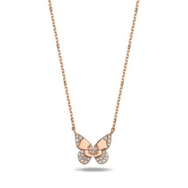 14K BUTTERFLY DIAMOND STONES NECKLACE 2 14K ROSE GOLD