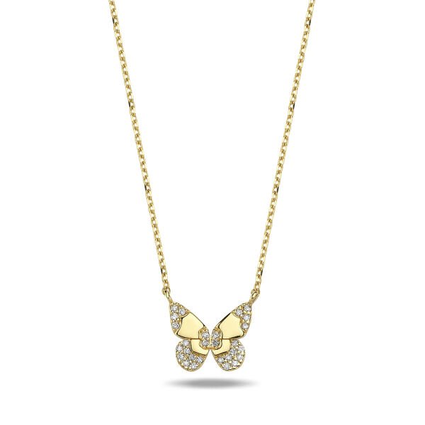 14K BUTTERFLY DIAMOND STONES NECKLACE 2 14K YELLOW GOLD