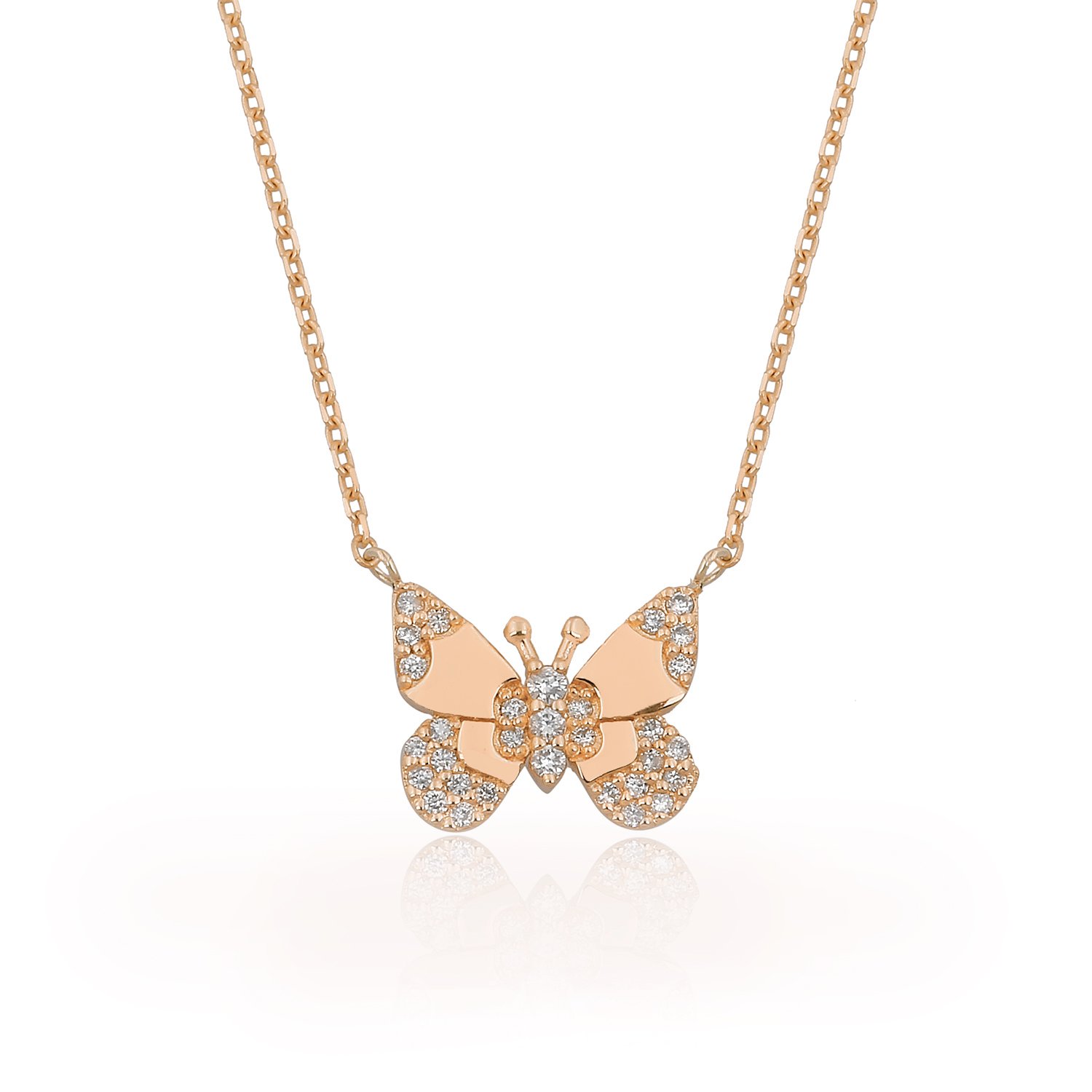 14K BUTTERFLY DIAMOND STONES NECKLACE 14K ROSE GOLD