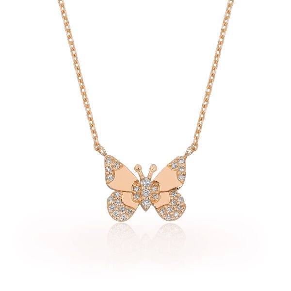 14K BUTTERFLY DIAMOND STONES NECKLACE 14K ROSE GOLD