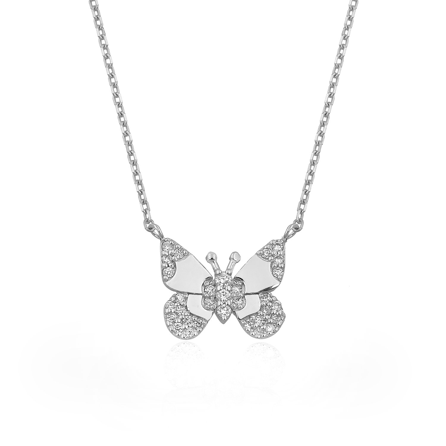 14K BUTTERFLY DIAMOND STONES NECKLACE 14K WHITE GOLD